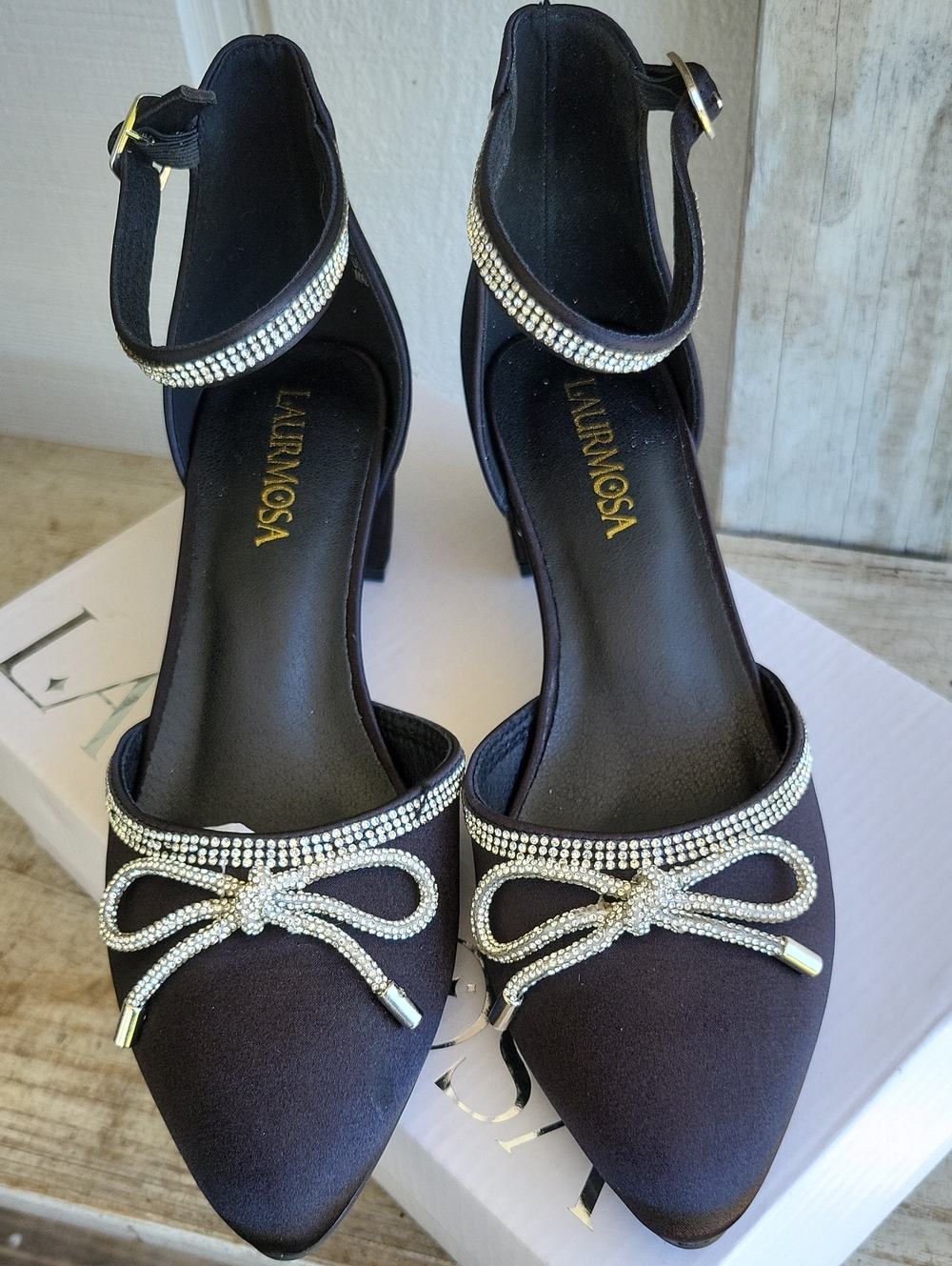 Black Crystal Bow Ankle-Strap Pointed Heels Shoes Wedding Cruise Party